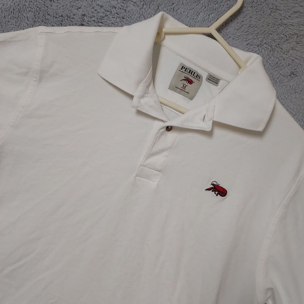 Perlis Polo Shirt Mens Medium Crawfish Logo Short Sleeve White New Orleans Golf